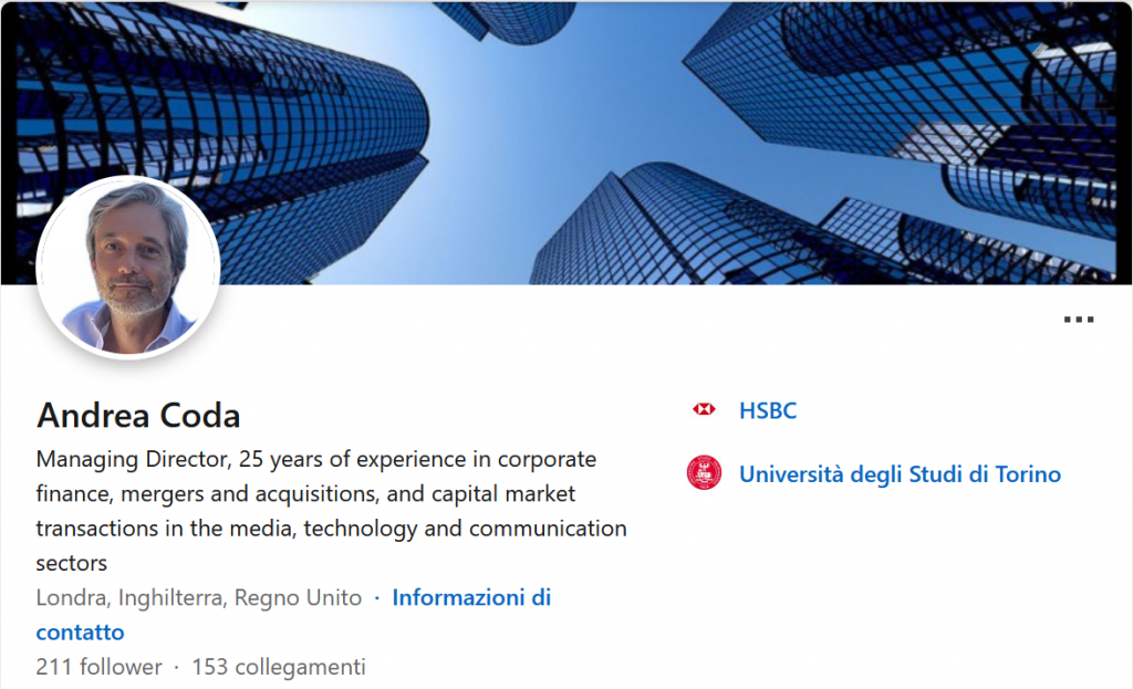 Profilo Linkedin di Andrea Coda, ha lavorato come Managing Director preso HSBC e adesso è stato nominato nuovo Head M&A di Unicredit
